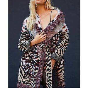 ANTHRO PETITE NWT Paloma Shawl Collar Fringe Animal Print Cardigan